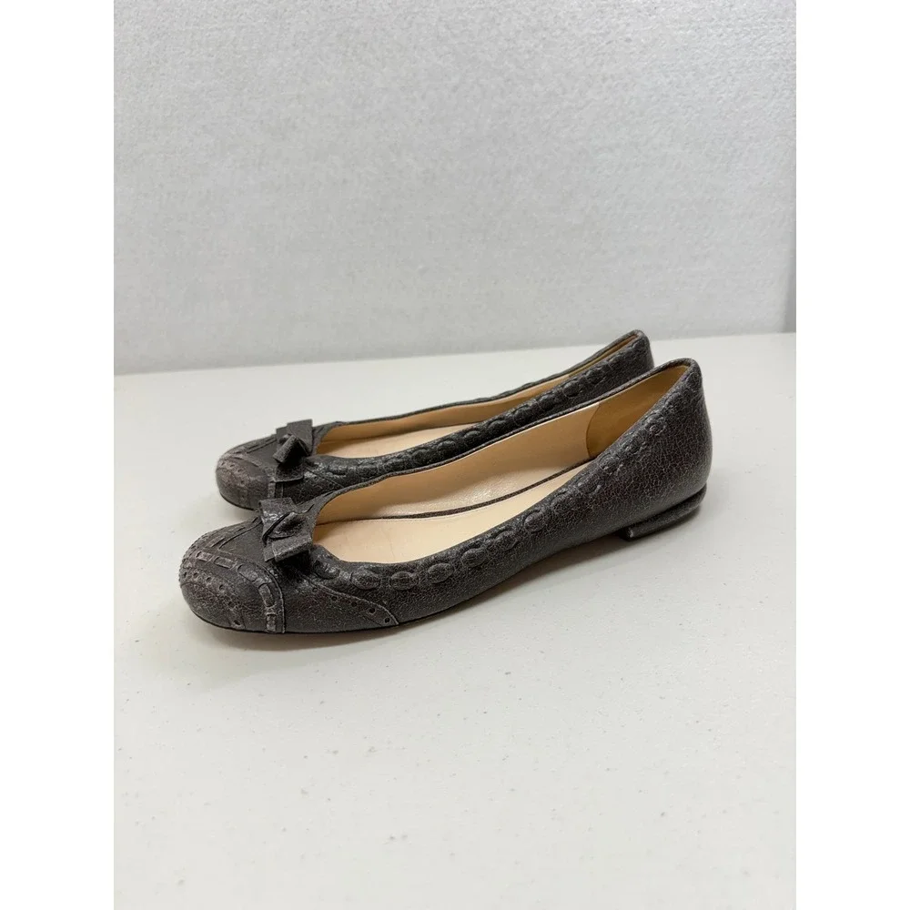Prada Brown Distressed Cracked Leather Bow Brogue Ballet Flats Italy 39 9